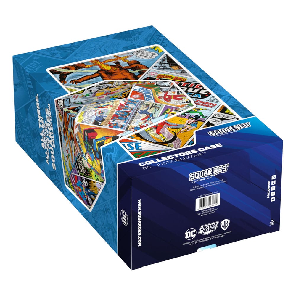 Die Unterseite der Produktverpackung des DC Justice League™ Collectors Case im Vintage Comics Design von Squaroes
