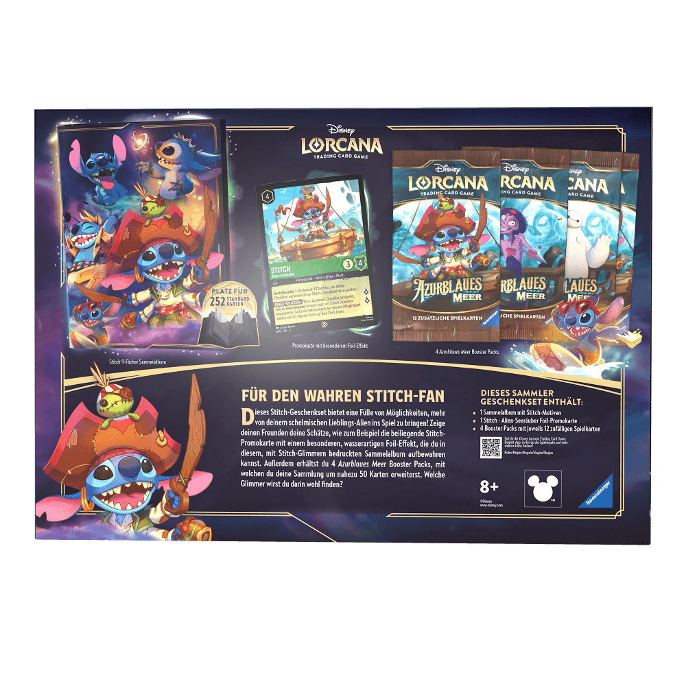 4 Booster, Promokarte und Sammelmappe als exklusiver Inhalt des Geschenk Set der Disney Lorcana TCG Erweiterung Azurblaues Meer