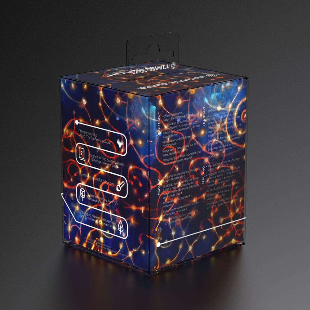 Der RTE Boulder 100+ von Ultimate Guard im Design von Bloomburrow - Great-Night Owl's Egg in der Produktverpackung mit der Produktbeschreibung