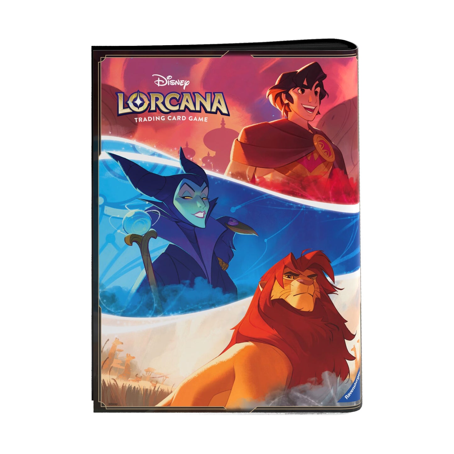 Das Disney Lorcana 9 Pocket Lorebook mit Aladdin, Malefiz und Simba auf dem Cover