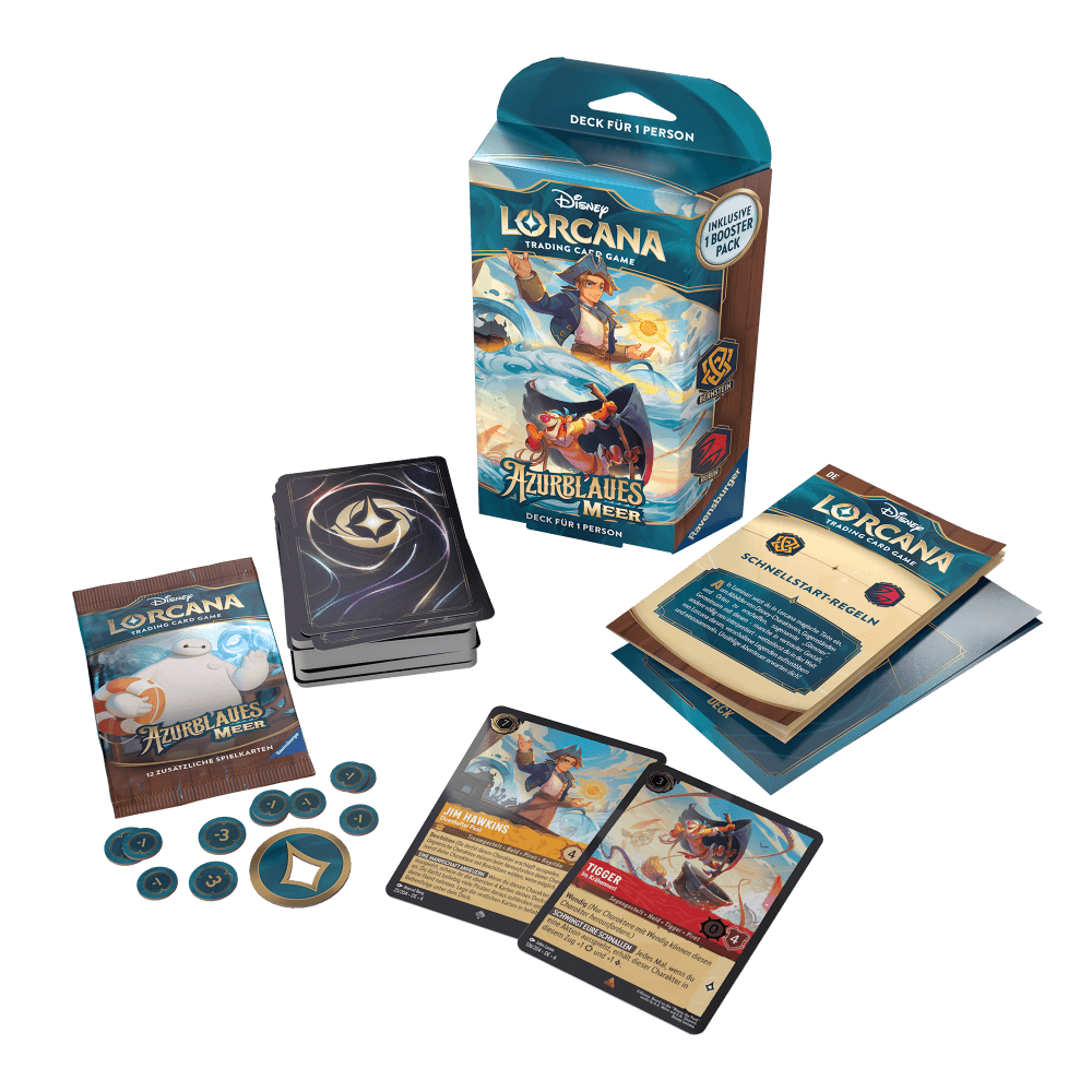 Der Inhalt des Disney Lorcana TCG Starterdeck Bernstein/Rubin der Erweiterung Azurblaues Meer