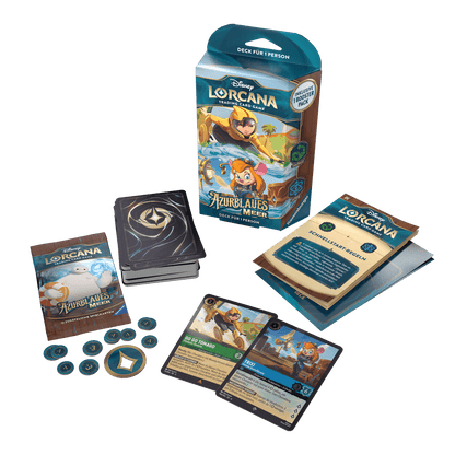 Der Inhalt des Disney Lorcana TCG Starterdeck Smaragd/Saphir der Erweiterung Azurblaues Meer