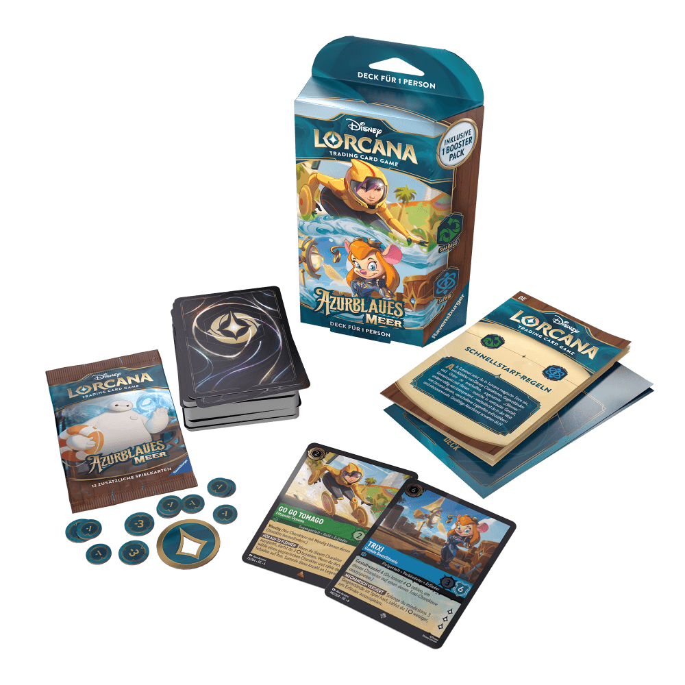 Der Inhalt des Disney Lorcana TCG Starterdeck Smaragd/Saphir der Erweiterung Azurblaues Meer