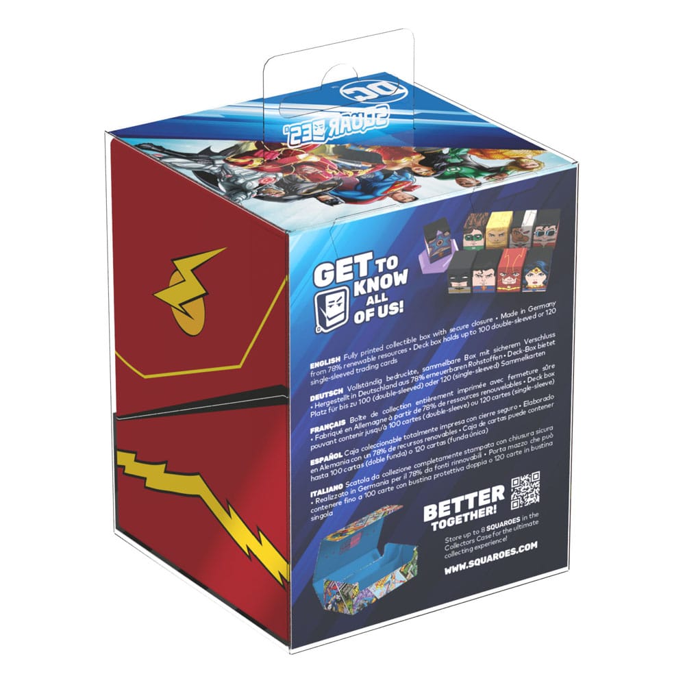 Die The Flash™ Deck Box der Squaroe DC Justice League™ in der Produktverpackung mit der Produktbeschreibung