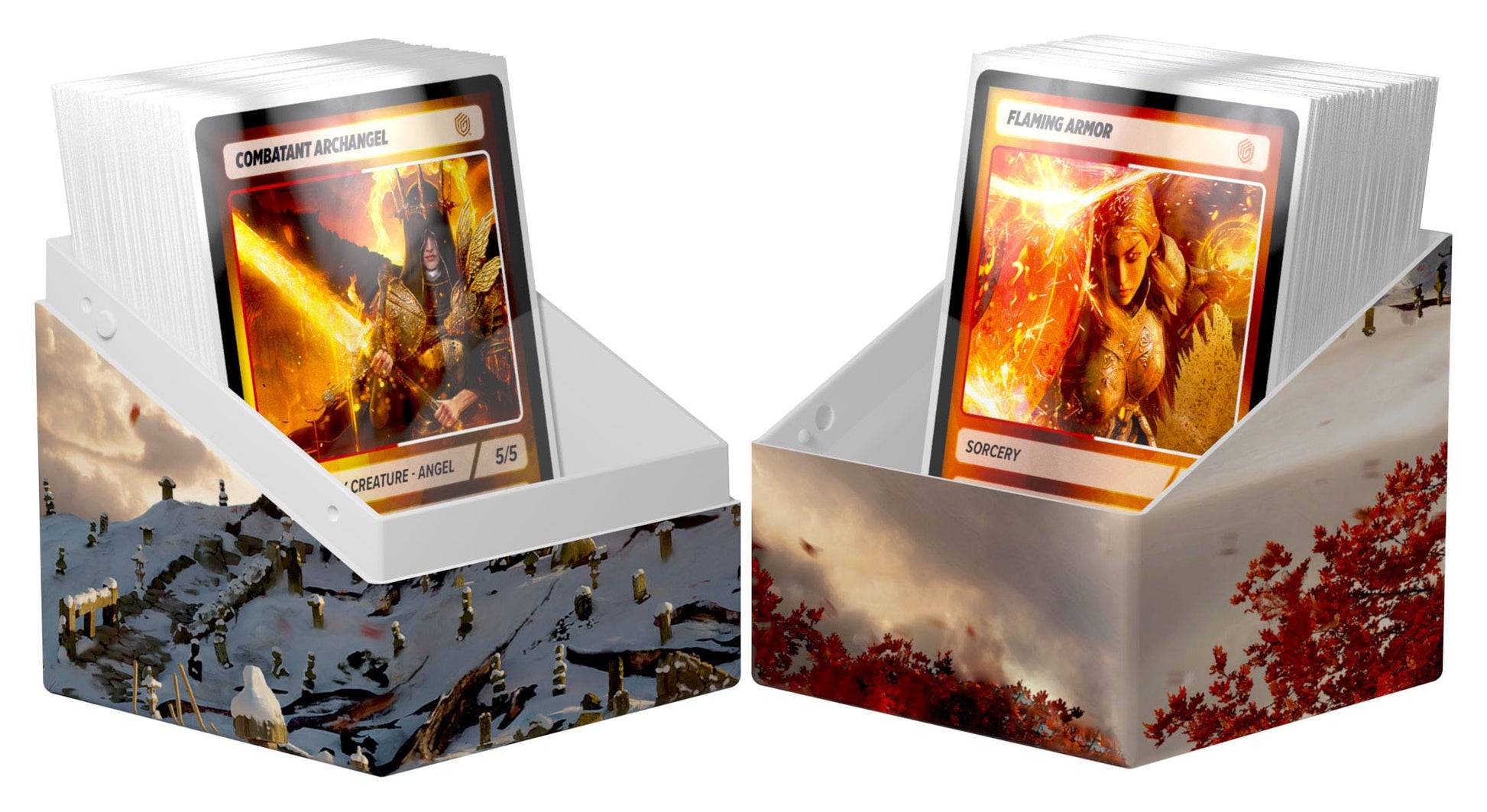 Die RTE Boulder Artist Edition Deck Box von Mario Renaud demonstriert die Aufbewahrung von Magic: The Gathering Karten