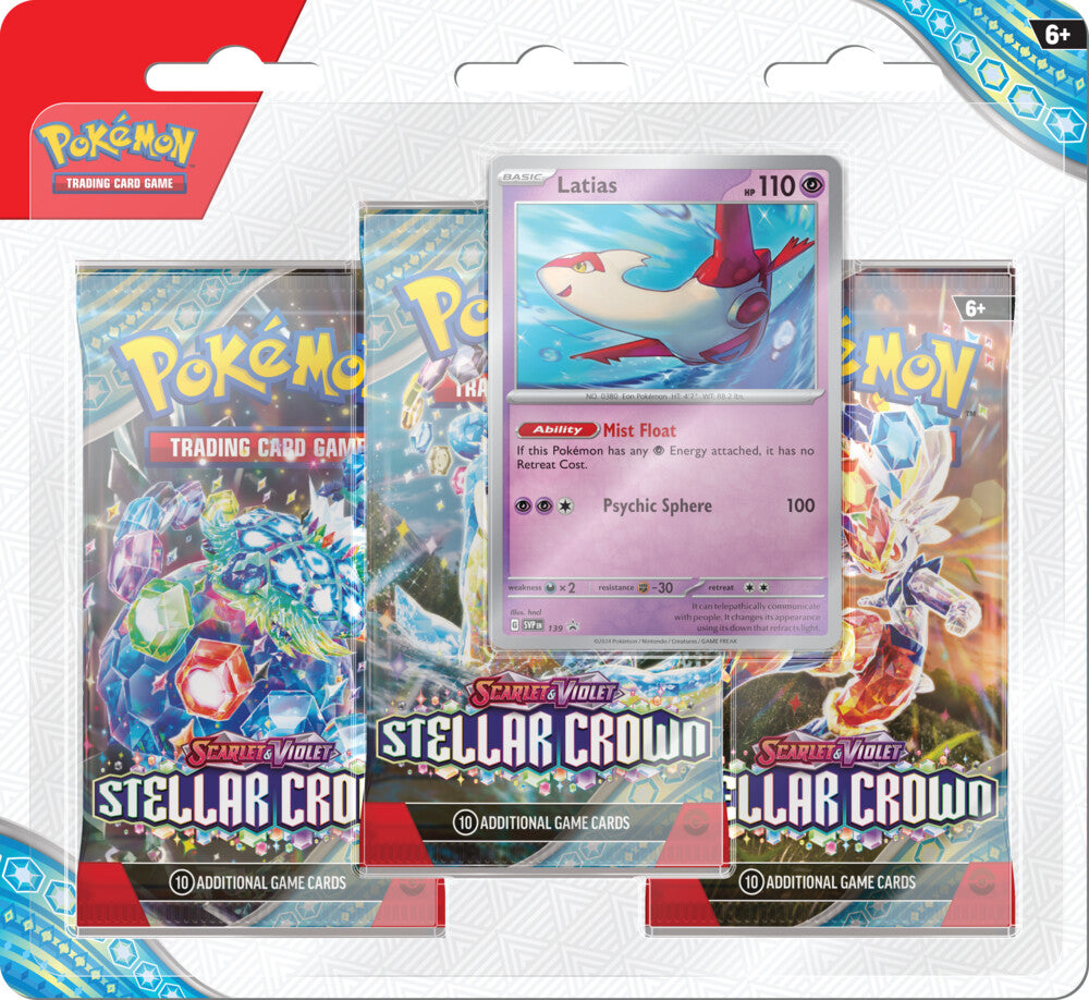 Das 3-Pack Blister der Erweiterung Stellarkrone mit der Promokarte Latias