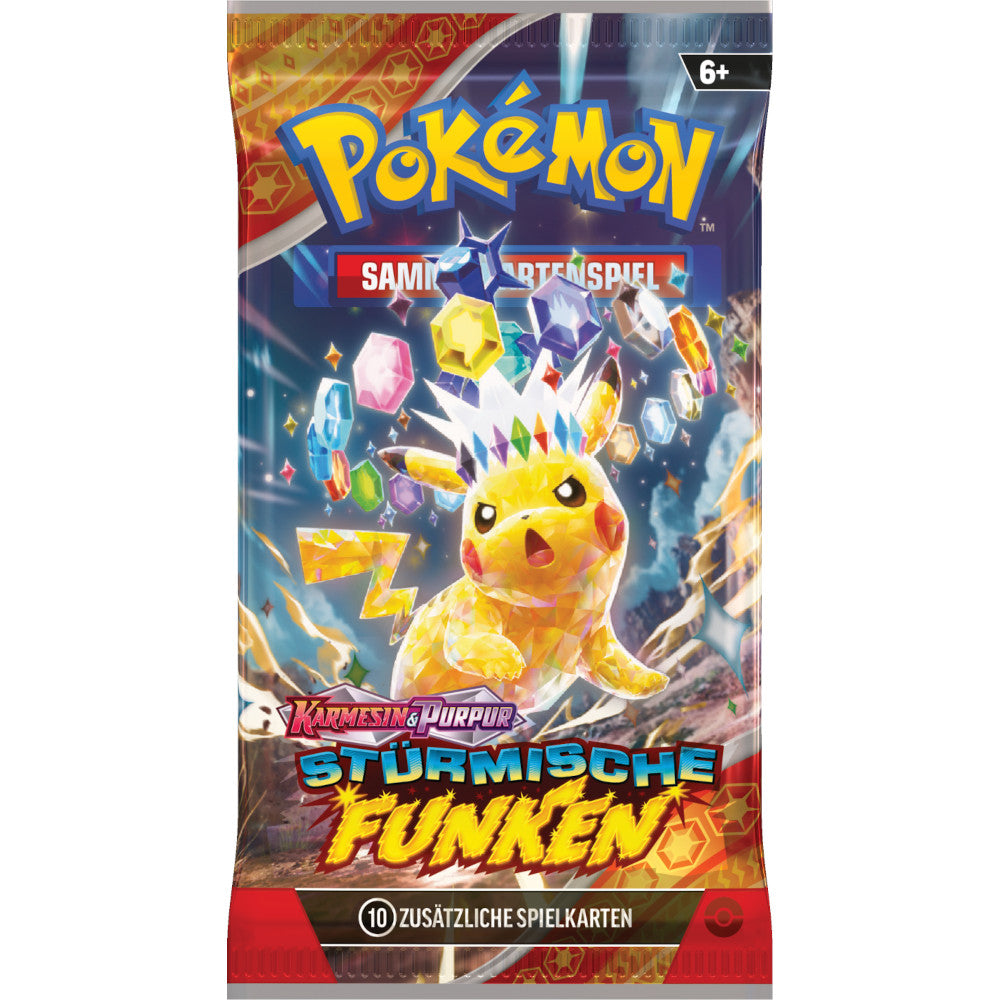 Booster Packung  der Pokémon TCG Erweiterung Stürmische Funken mit dem Artwork von Tera Pikachu