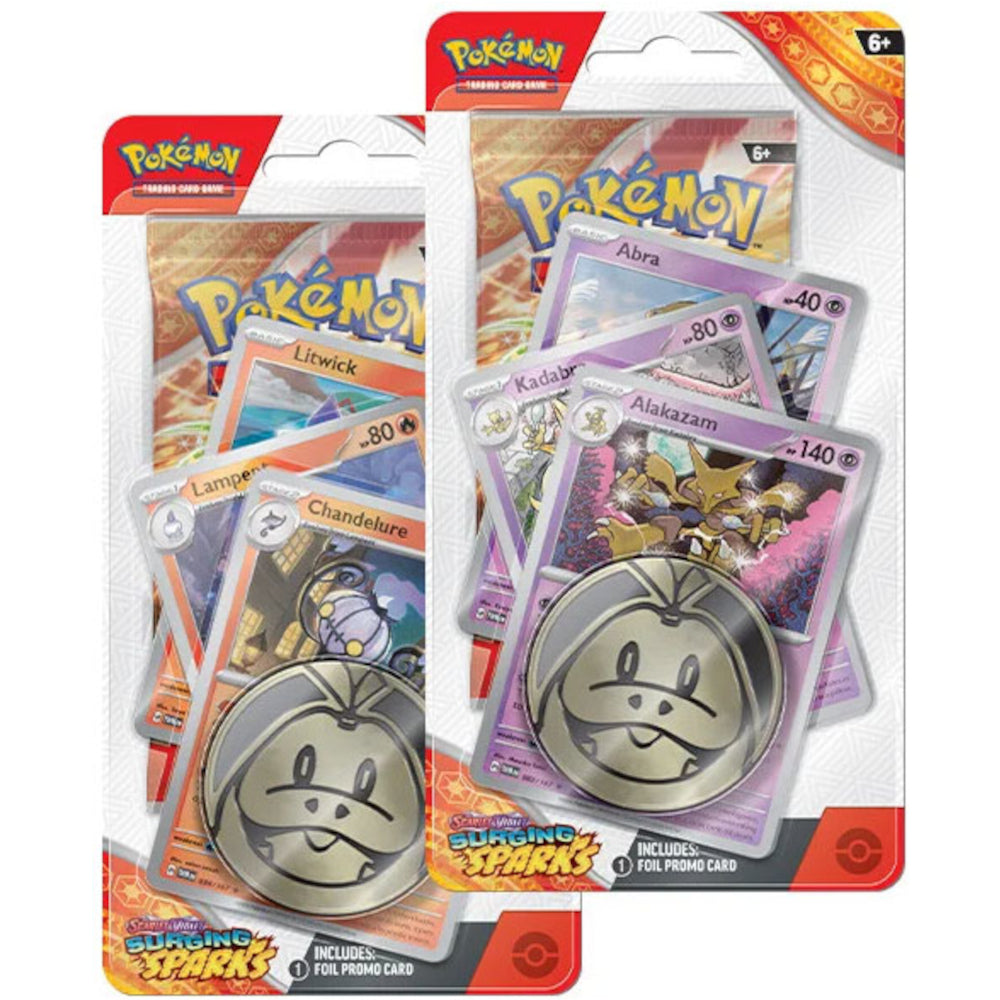 Die Premium Checklane Blister der Pokemon TCG Erweiterung Stürmische Funken mit Simsala und Skelebra