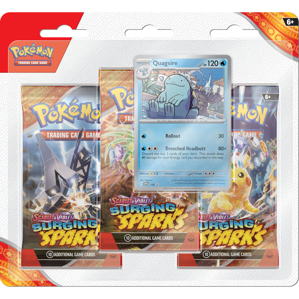 Der 3-Pack Blister der Pokemon TCG Erweiterung Stürmische Funken mit der Promo Karte Morlord