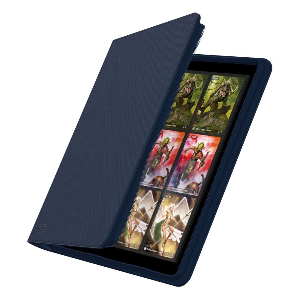 12-Pocket Zipfolio von Ultimate Guard liegend mit sleeved Sammelkarten