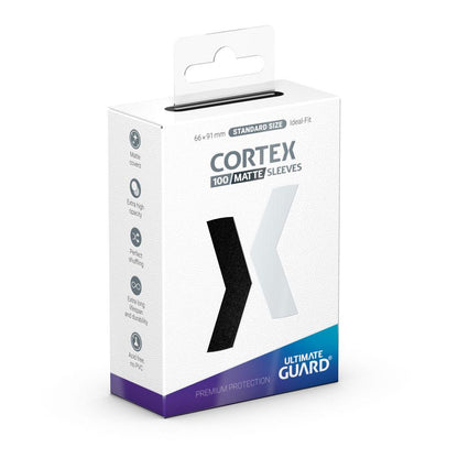 Die Produktverpackung der Standard Size Cortex Sleeves von Ultimate Guard in der Farbe Schwarz