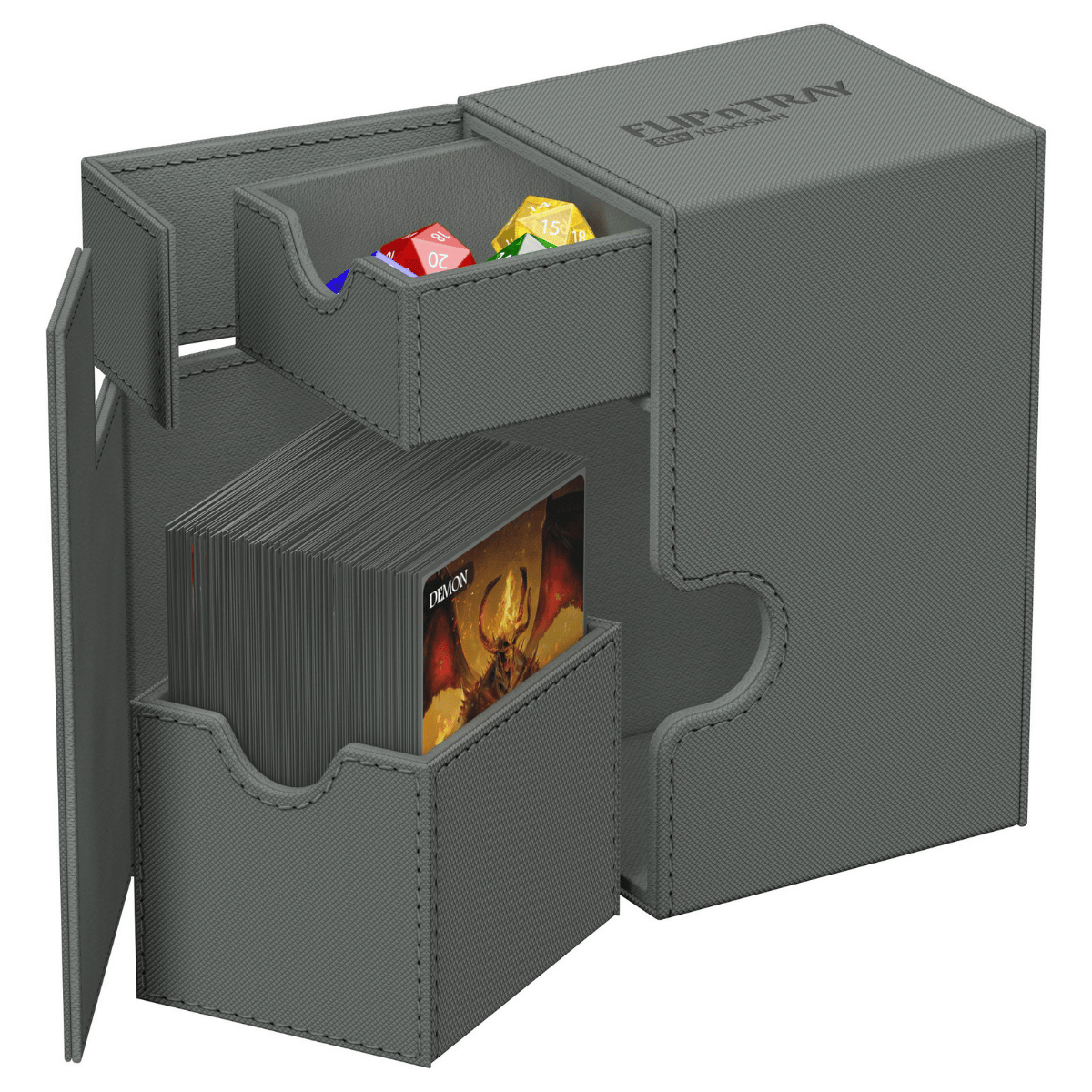 Ultimate Guard Flip'n'Tray shows its storage trays for cards, dices and markers