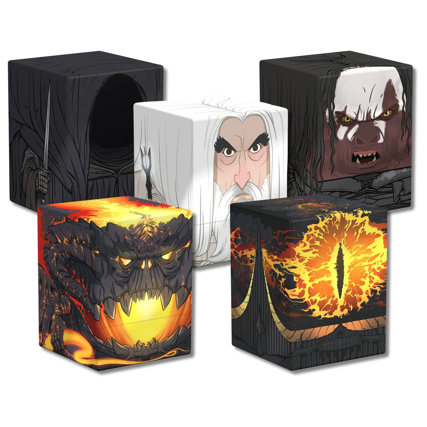 Ultimate Guard Squaroes Lord of the Rings Wave 2 deck boxes: Saruman, Balrog, Nazgûl, Lurtz, and Eye of Sauron character editions.