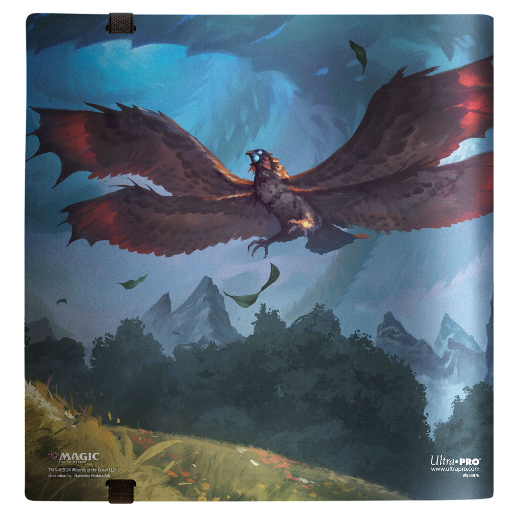 Die Rückseite des 12 Pocket PRO-Binder von Ultra Pro im MTG Bloomburrow Design "Party Faceoff against Dragonhawk"