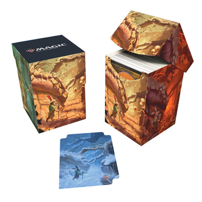 Die 100+ Deck Box von Ultra Pro im MTG Bloomburrow Season Lands Design "Mountain" demonstriert