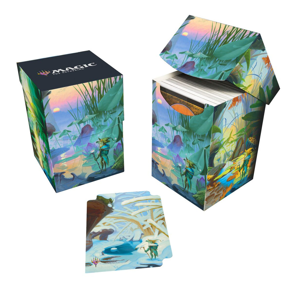 Die 100+ Deck Box von Ultra Pro im MTG Bloomburrow Season Lands Design "Island" demonstriert