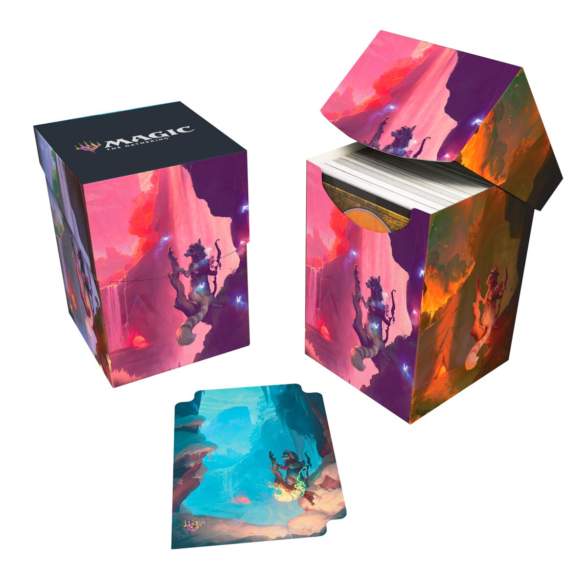 Die 100+ Deck Box von Ultra Pro im MTG Bloomburrow Season Lands Design "Mountain" demonstriert