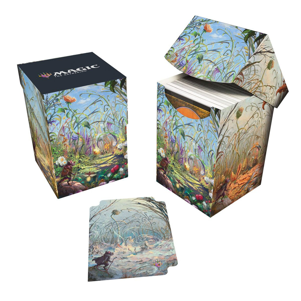 Die 100+ Deck Box von Ultra Pro im MTG Bloomburrow Season Lands Design "Plains" demonstriert