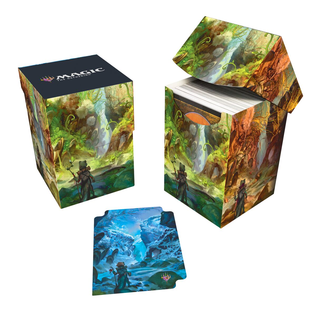 Die 100+ Deck Box von Ultra Pro im MTG Bloomburrow Season Lands Design "Swamp" demonstriert