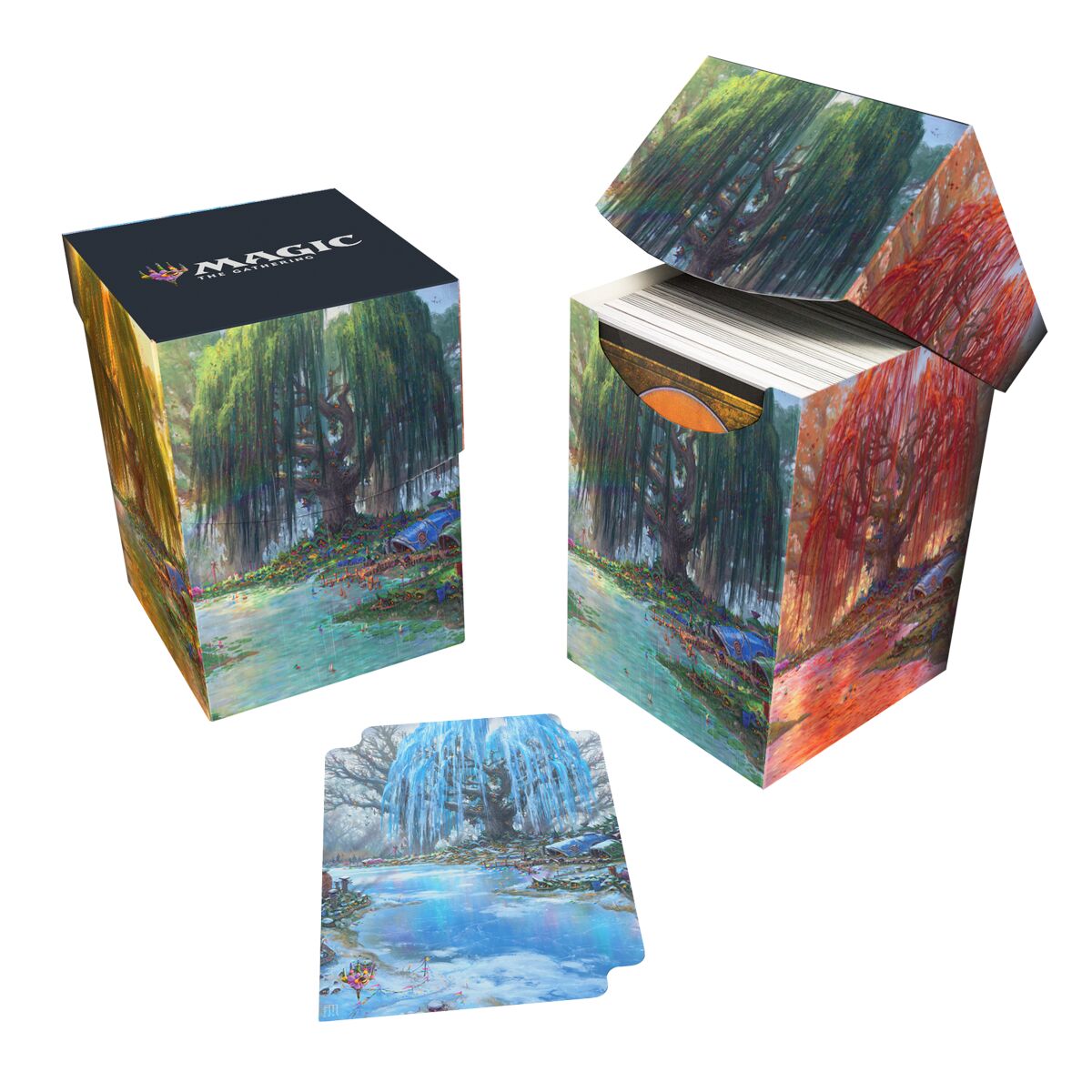 Die 100+ Deck Box von Ultra Pro im MTG Bloomburrow Season Land Design "Three Tree City" demonstriert