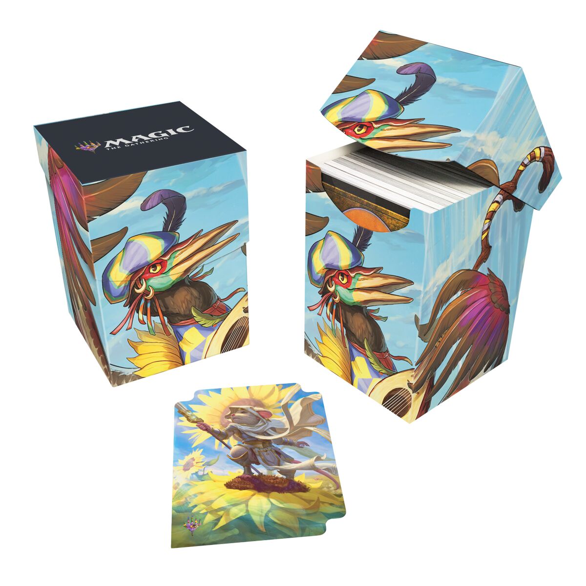 Die 100+ Deck Box von Ultra Pro im MTG Bloomburrow Design "Zinnia, Valley's Voice" demonstriert