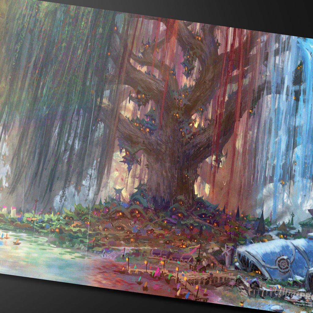 Das Artwork der AR Enhanced Playmat von Ultra Pro im MTG Bloomburrow Design "Three Tree City"