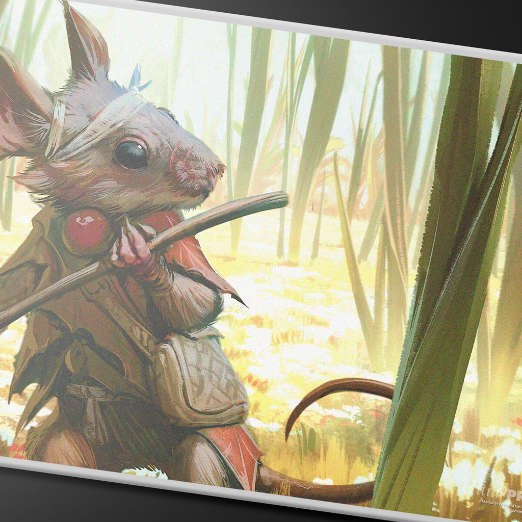 Das Artwork der Stitched Playmat von Ultra Pro im MTG Bloomburrow Design "Swords to Plowshares"